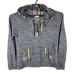 Womens Skönahet Black Native Boho Hoodie Sweatshirt V Neck Tie Long Sleeve XL